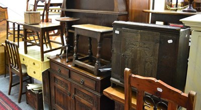 Lot 1213 - A group of furniture including a carved oak cupboard comprised of period elements, an oak joint...