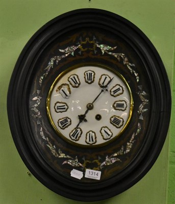 Lot 1314 - A mid 19th century French papier mache and mother of pearl oval wall clock, white enamel Roman...