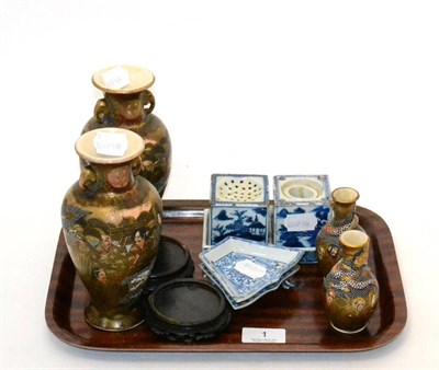 Lot 1 - Two pairs of Satsuma pottery vases, one with stand, Chinese blue and white porcelain desk stand and