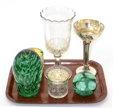 Lot 2 - Two Victorian glass dumps, celery vase, Clarice Cliff crocus pattern preserve jar and cover, silver