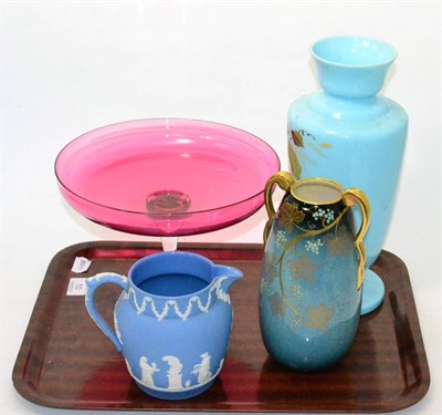 Lot 10 - A Crown Devon vase, ruby tazza, Wedgwood jasper ware jug and a pale blue Victorian glass vase