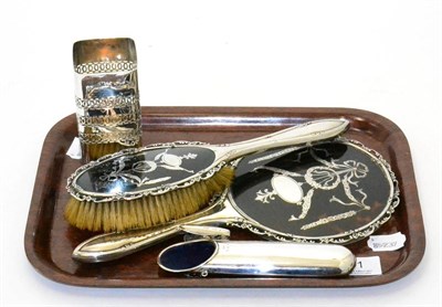 Lot 11 - A pierced silver vase, silver and tortoiseshell backed mirror and brush and a silver glasses case
