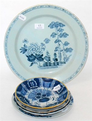 Lot 17 - Three 18th/19th century tin glazed plates, a Chinese blue and white porcelain plate and one other
