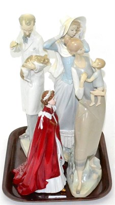 Lot 21 - Three Lladro china figures and a Royal Worcester china figure, celebrating the Queen's 80th...