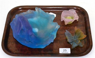 Lot 25 - Three modern Daum pate de verre pieces including a nude on a bowl, butterfly and an orchid dish