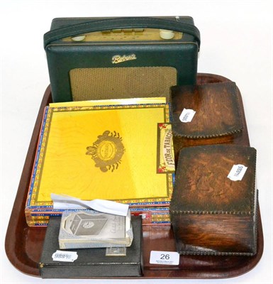 Lot 26 - A part box of Havana Partagas cigars, two Teofarnni & Co oak cigarette cases; a Roberts Revival...