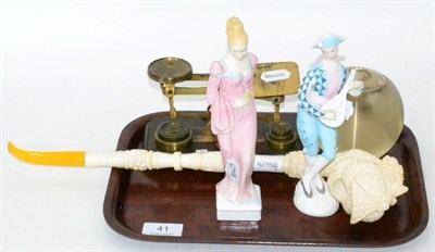 Lot 41 - A silver mounted glass match striker, two Royal Doulton figures, postal scales and a Meerschaum...