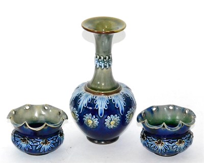 Lot 42 - A pair of Doulton Lambeth stoneware small cache pots and a Doulton Lambeth baluster vase