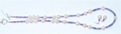 Lot 59 - A cultured pearl, tanzanite and pink sapphire bead necklace and earring suite, round cultured...