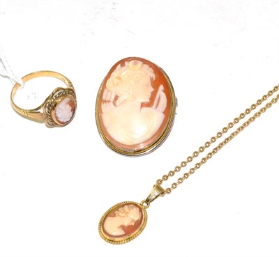 Lot 60 - A cameo pendant with chain clasp stamped '9ct', a 9ct gold cameo ring and a cameo brooch with frame
