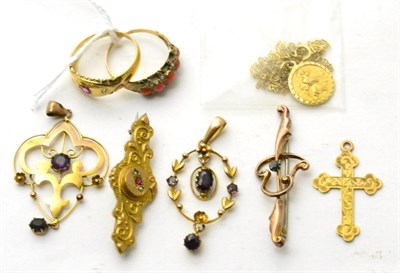 Lot 76 - Two brooches stamped '9CT', two 9ct gold dress rings, a 9ct gold pendant with attached chain...
