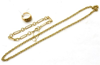 Lot 83 - A 9ct gold fancy link bracelet, a 9ct gold Prince of Wales chain and a 9ct gold ring, size K (3)
