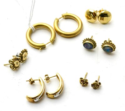 Lot 85 - Two pairs of 9ct gold hoop earrings, a pair of 9ct gold stud earrings, a pair of opal earrings...