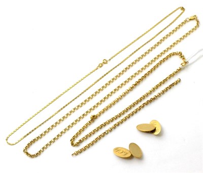 Lot 94 - Two 9ct gold belcher chains, a section of belcher chain, a fancy link chain and a pair of 9ct...