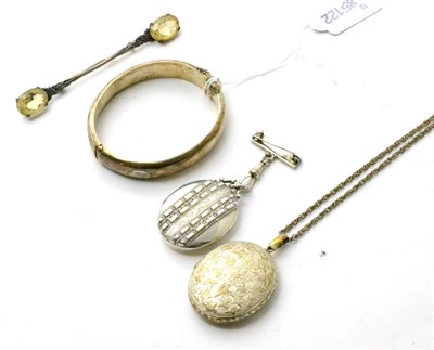Lot 95 - Two Victorian lockets, a silver bangle and a cloak pin