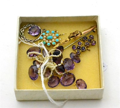Lot 120 - A turquoise and seed pearl pendant, an amethyst and seed pearl necklace (incomplete a.f.) a 9ct...