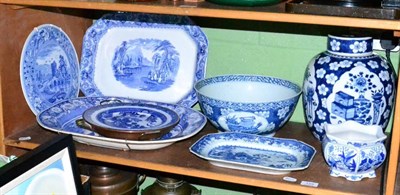 Lot 129 - A shelf of assorted blue and white porcelain and pottery, English and Chinese