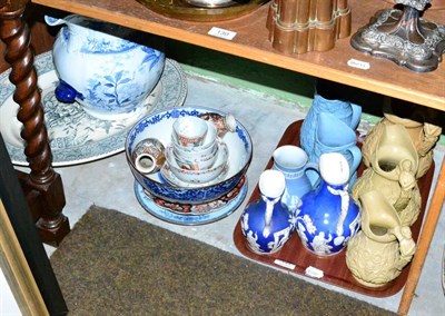 Lot 131 - A Wedgwood meat plate, large blue and white jug, Victorian relief moulded jug, Chinese and Japanese