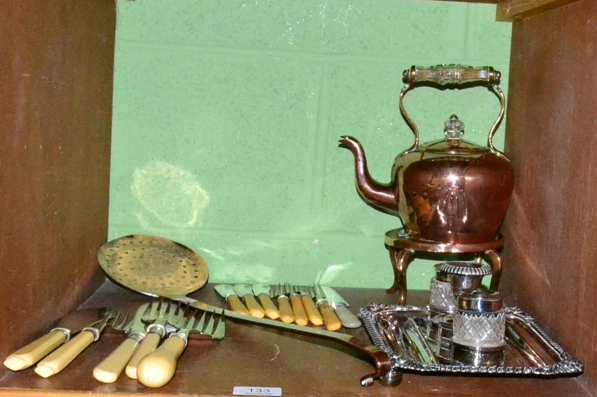 Lot 133 - A plated inkstand dish, copper kettle and sundry