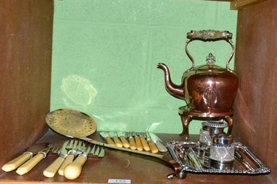Lot 133 - A plated inkstand dish, copper kettle and sundry
