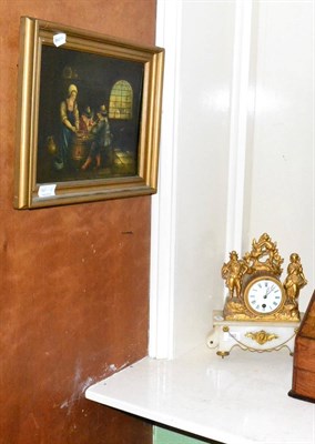 Lot 160 - A 19th century gilt and alabaster clock and an oil on board, interior scene, signed Jan Meer...