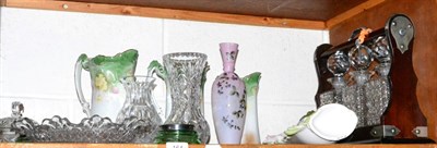 Lot 164 - A Victorian floral glass epergne, tantalus, three graduating jugs and assorted glass ware