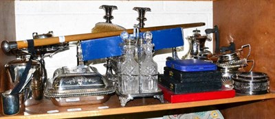 Lot 165 - A shelf of plated wares, silver backed dressing table items, walking cane, two tin boxes etc