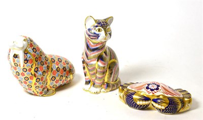 Lot 176 - Three Royal Crown Derby Imari palette animals comprising a walrus, a cat and a crab (no stoppers)