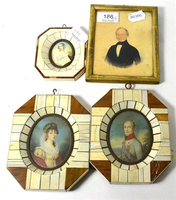 Lot 186 - Three 19th century piano key miniatures together with another portrait miniature (4)