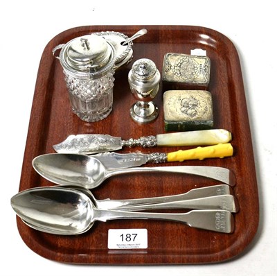 Lot 187 - Four silver table spoons, silver condiments etc