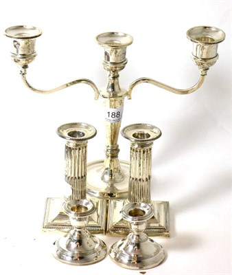 Lot 188 - Two pairs of silver candlesticks and a silver candelabra, by W I Broadway & Co, Birmingham 1975
