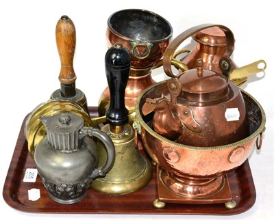 Lot 205 - Two brass hand bells, a quantity of copper, pewter jug etc (one tray)