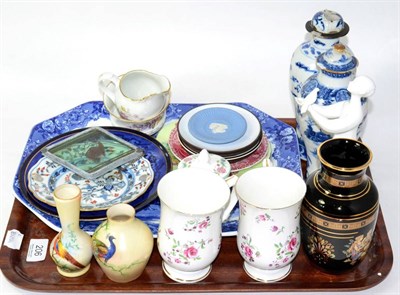 Lot 206 - A Meissen onion pattern saucer, two Chinese baluster jars and covers, two Locke & Co Worceter...