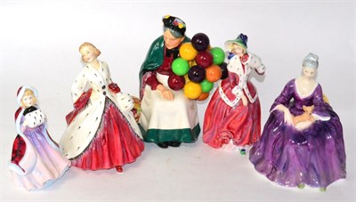 Lot 227 - Four Royal Doulton figures 'Ermine Coat' 'Christmas Morn' 'Charlotte' and the 'Old Balloon...