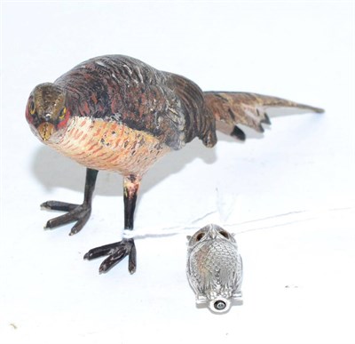 Lot 256 - A cold painted bronze pheasant figure and a Samson Mordan white metal owl propelling pencil