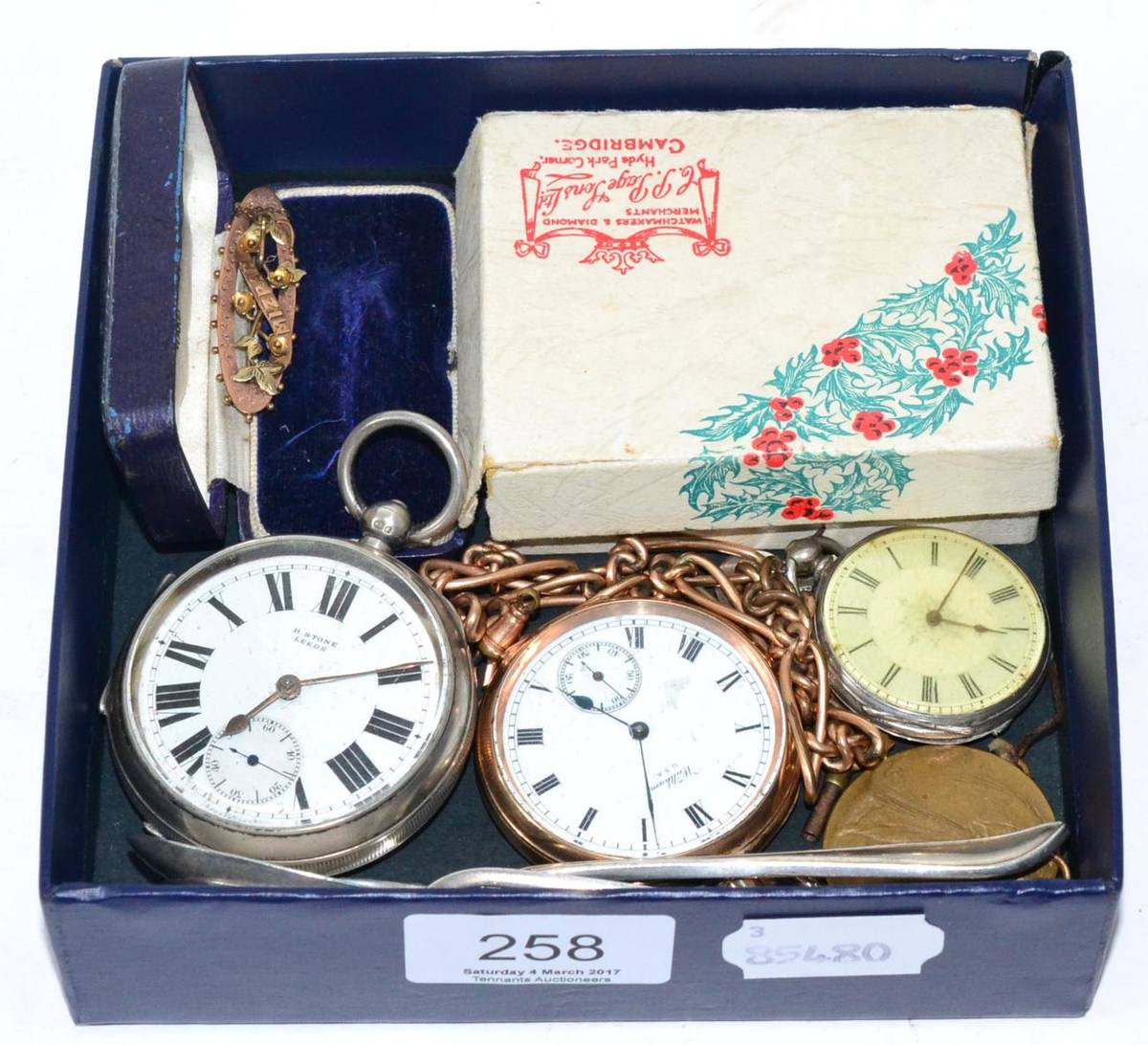 Lot 258 - A silver pocket watch signed H Stone Leeds, a plated pocket watch signed Waltham, a silver...