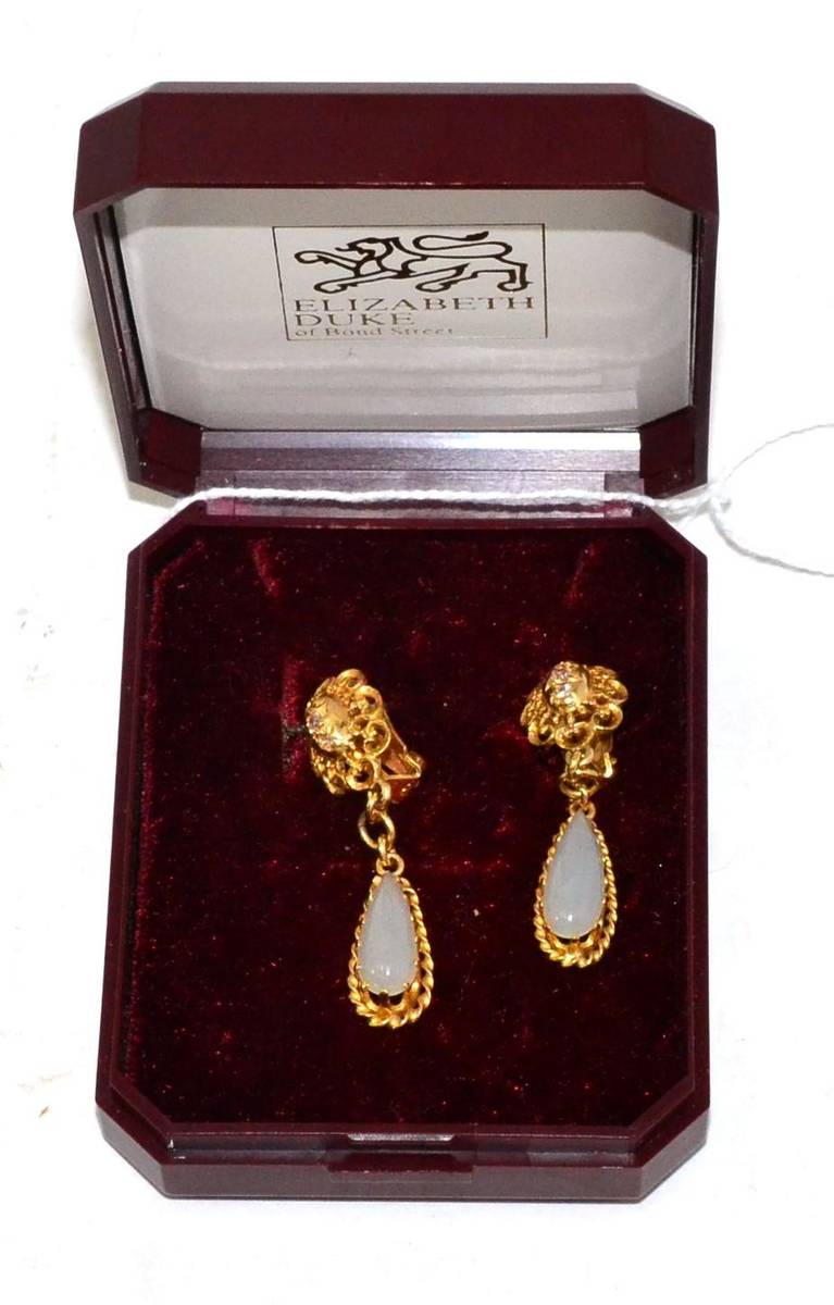 Lot 273 - A pair of moonstone drop earrings stamped '750'