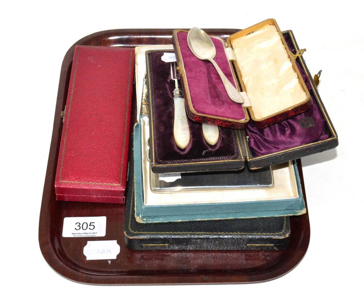 Lot 305 - Two silver cigarette cases, a silver card case, a Victorian silver and mother of pearl...