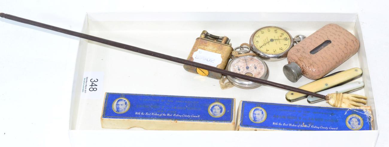 Lot 348 - A plated Dunhill lighter, two pen knives, pedometer pocket watch etc