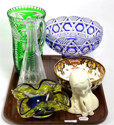 Lot 1 - A blue glass pedestal bowl, green glass vase, Royal Crown Derby Imari pattern bowl, etc
