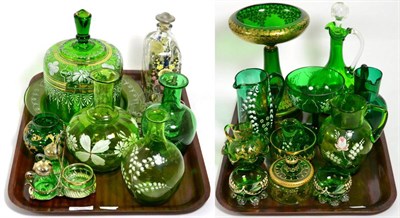 Lot 7 - Two trays of Victorian green glass including a cheese dome, jugs, vases etc