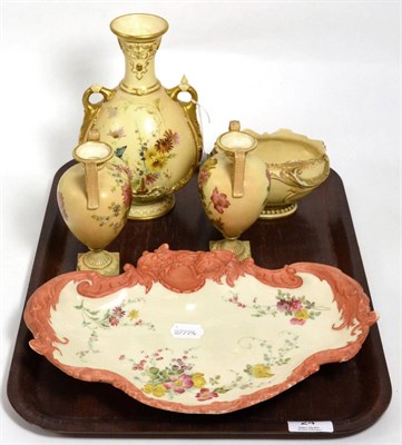 Lot 24 - A pair of Royal Worcester vases, a larger example, an oval bowl and a shaped dish (a.f.)