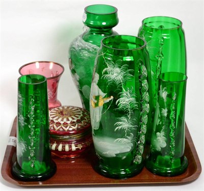 Lot 25 - A group of Mary Gregory style decorated green and cranberry glass vases