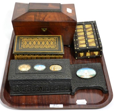 Lot 27 - An Indian carved hardwood box set with miniatures; another Indian miniature; a mahogany tea...