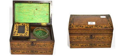 Lot 29 - A Tunbridge ware tea caddy, the rosewood box with an indented caddy and a cut glass mixing bowl...