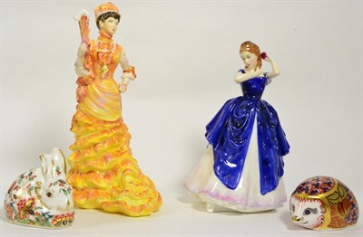 Lot 33 - Two Royal Doulton figures ";Le Bal";, ";Laura"; and two Royal Crown Derby animal paperweights...