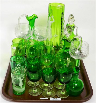 Lot 36 - A green glass Mary Gregory style vase and tumbler, together with further green glass including...