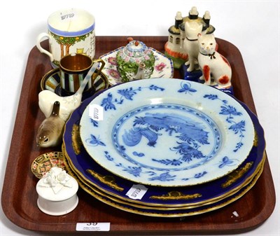 Lot 39 - An 18th century tin glazed plate, decalcomania plate, Staffordshire pottery and other ceramics