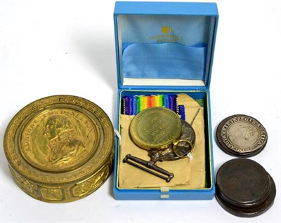 Lot 53 - A gilt metal commemorative Nelson tobacco box, Elizabeth I shilling, six other coins and two...