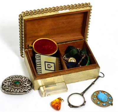 Lot 56 - A shagreen cigarette box containing an assortment of costume jewellery, Dunhill lighter etc